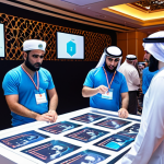 **A bustling, modern cybersecurity conference in Dubai. Experts from around the world are collaborating, sharing insights on threat intelligence and SOAR tools. The scene captures a spirit of innovation and collective defense in the digital age, with Arabic script subtly integrated into the visual elements.**