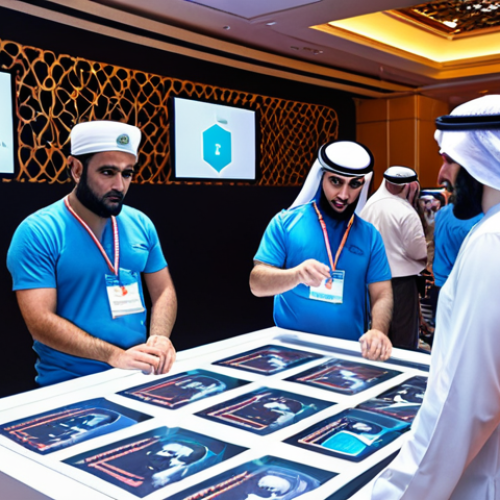 Home 4 **A bustling, modern cybersecurity conference in Dubai. Experts from around the world are collaborating, sharing insights on threat intelligence and SOAR tools. The scene captures a spirit of innovation and collective defense in the digital age, with Arabic script subtly integrated into the visual elements.**