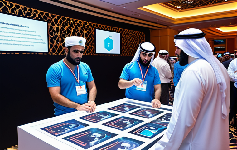 **A bustling, modern cybersecurity conference in Dubai. Experts from around the world are collaborating, sharing insights on threat intelligence and SOAR tools. The scene captures a spirit of innovation and collective defense in the digital age, with Arabic script subtly integrated into the visual elements.**